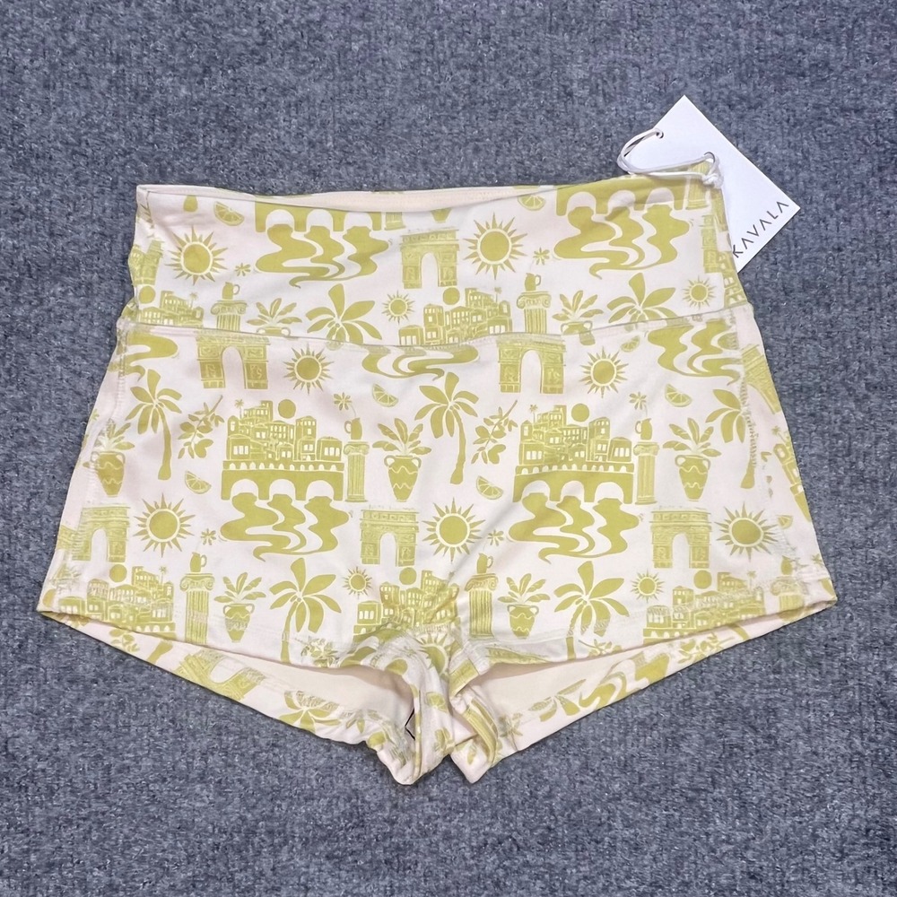 NWT Kavala Activewear Shorts Womens S Cream Olive Mediterranean Print High Rise